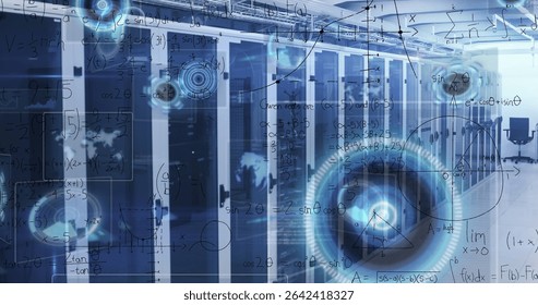Central row of server racks glowing in data center corridor with cabling, trays, data overlays. Futuristic, technology, digital, network, innovation, cyberspace, business