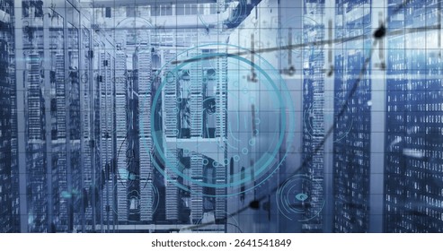 Central server rack unit showing holographic network graphics in data center, with LED indicators. Technology, data, cybersecurity, digital, futuristic, infrastructure, innovation