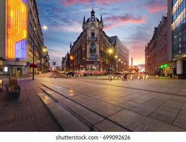 Central square of Katowice, Poland in dramatic sunset.
