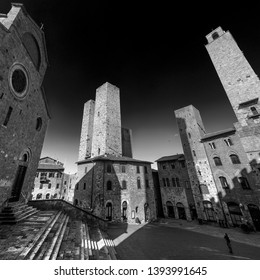 Central Square With Towers And Church In San Gimignano, Tuscany, Italy Black And White