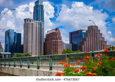 Central Texas Capital Cities Orange Trumpets Colorful Flowers In Front Of Cityscape Skyline Of Austin , TX With Building Puffy Cumulus Clouds On A Blue Sky Summer Day Background Classic Landmark