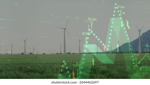 Central wind turbine standing in grassy field, with floating data overlay showing numeric charts. Renewable energy, green technology, sustainable development, eco friendly, environmental impact,