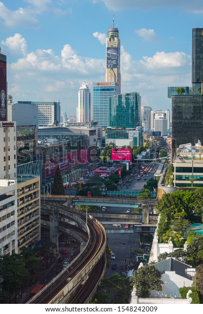 Central\
world, Bangkok, Thailand : 28/10/19 : Ratchadamri Road In front of\
Central World Plaza Department store, the center of Bangkok, the\
sixth largest shopping complex in the\
world.