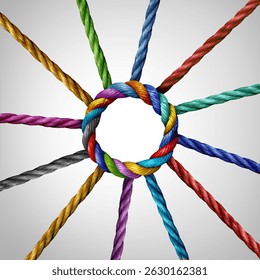Centralized Network Access and Central core convergence connection business concept as a group of diverse ropes connected to a main circle rope as a primary hub metaphor for connectivity.