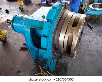 centrifugal pump which is under repair in the shop and the impeller type is seen close