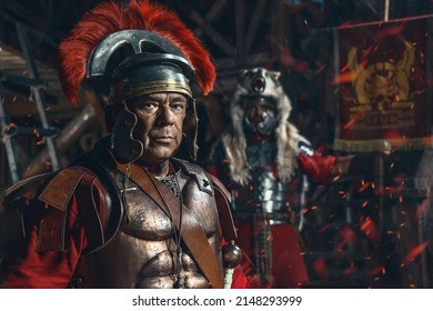 Centurion and vexillary in the service of the Roman Empire. Night - Shutterstock ID 2148293999