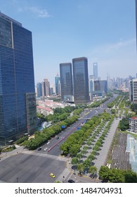 Century Avenue, Shanghai, China - June 3 2019 , Cityscape From The 15th Floor Of New York University Shanghai Shows Green Space Along The Road