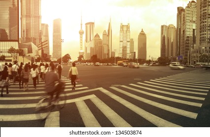 The Century Avenue Of  Street Scene Of People Walking Hurriedly In Shanghai Lujiazui,China.