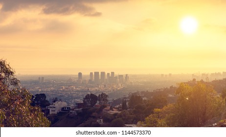 Century City Skyline View At Sunset In West Los Angeles Valley Area From Runyon Canyon. West LA Hills