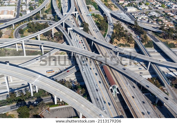 Century\
Harbor Freeway intersection junction Highway roads traffic America\
city aerial view photo in Los Angeles\
California