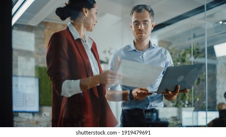 CEO And Chief Executive Talking About Company Business Growth, Consult Data Analysis And Use Laptop Computer. Two Professionals Discussing Revenue Increase, Market Disruption, Planning Strategy