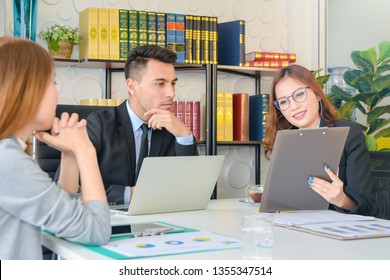 CEO or chief financial officer sees financial summary reports with his secretary team and discusses goal future project business plan about future growth and improvements