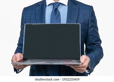 Ceo Showing Presentation. Man Boss Show Empty Screen, Copy Space. Online Presentation. Concept Of Advertisement. Cropped Businessman With Laptop. Presenting Product. Offering To Use Computer.