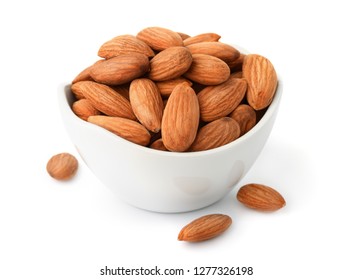 Ceramic Bowl Of Almonds Isolated On White