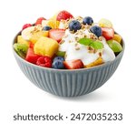 Ceramic bowl of fresh fruit salad, muesli or granola and greek yogurt isolated on white background