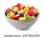 Ceramic bowl of fresh fruit salad isolated on white background. Healthy meal