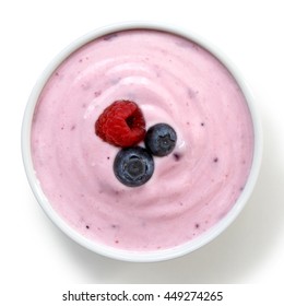 Ceramic Bowl Of Fruit Yogurt With Berries From Above Isolated On White Background.