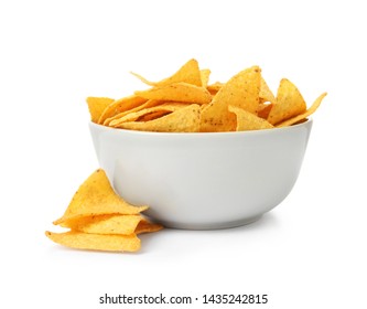 Ceramic bowl of Mexican nachos chips on white background