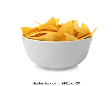 Ceramic Bowl Of Mexican Nachos Chips On White Background