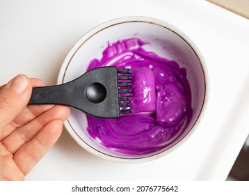 Ceramic Bowl With Mixed Pastel Purple Hair Dye, Inside Is Dye Brush, Hair Coloring Brush. 