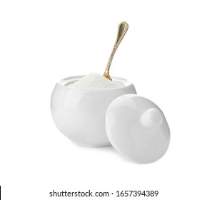 Ceramic Bowl With Sugar And Spoon Isolated On White