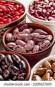 Ceramic Bowls With Different Organic Beans. Scarlet Runner, Kidney, Anasazi, Pinto Beans. Plant Foods Rich In Protein.