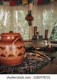 Ceramic Cocoa Jar In Yoga Classroom With Tropical Background In Tulum