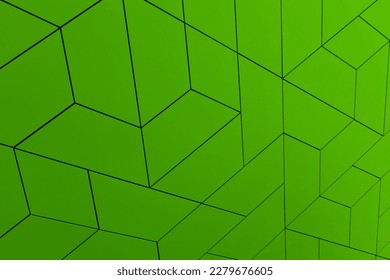 Ceramic covered wall detail surface. Geometric stylish pattern of intersecting lines and geometric shapes. Abstract background for design. Hexagons, triangles forms. Bright green monochrome color
