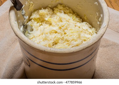 Ceramic Crock For Making Sauerkraut With Cut Cabbage