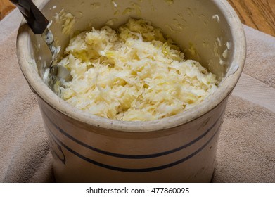 Ceramic Crock For Making Sauerkraut With Cut Cabbage