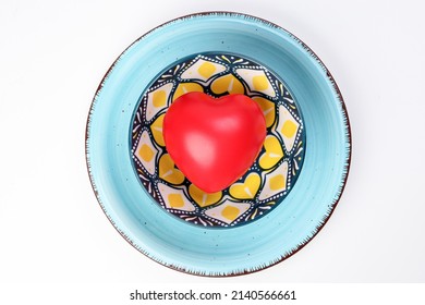 Ceramic Decorated Food Bowl Blue Plate With Three Dimension 3d Red Hart Symbol Inside On White Background Copy Text Space Top View