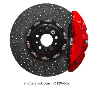 Ceramic disc brake with red caliper isolated on a white background