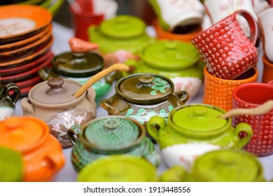 Ceramic dishes, tableware and jugs sold on Easter market in Vilnius. Lithuanian capital's annual traditional crafts fair is held every March on Old Town streets.