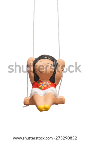 Ceramic doll mobile isolated on white background.
