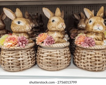 Ceramic Easter Bunny Figurines Sitting in Baskets