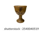 A ceramic goblet with a brown glaze. The goblet has a stem and a wide base. A simple design of a wheat stalk is painted in black on the side of the goblet.