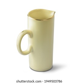 Ceramic Milk Jug Or Pitcher With Narrow Open Rim And Tall, Isolated On White Background, Mockup Template