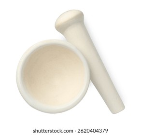 Ceramic mortar with pestle isolated on white, top view