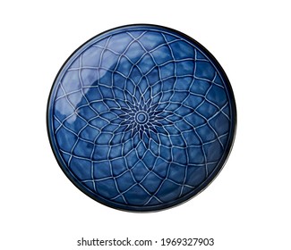 Ceramic plate, Empty Blue and white pottery plate, isolated on white background with clipping path, Top view 