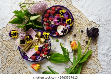 The Ceramic Plate With The Red Raspberry And Colorful Pansies. Other Spring Flowers On The Festive Served Table. - Powered by Shutterstock