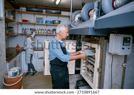 Ceramic, process and old man in workshop with oven, skills or creative hobby in retirement. Preparation, art and people in studio with kiln, production or sculpture craft in senior activity.