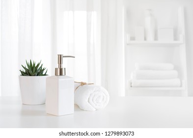 Ceramic Soap, Towel, Copy Space On Blurred White Spa Background