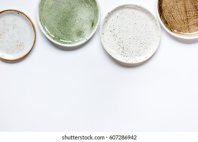ceramic tableware top view on white background mock up