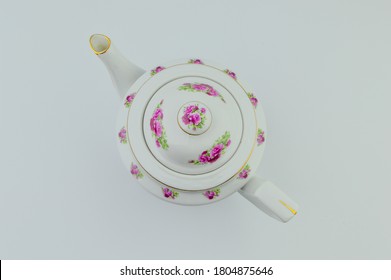 Ceramic Tea Pot Isolated On White Background. Classic Design. Top View.
