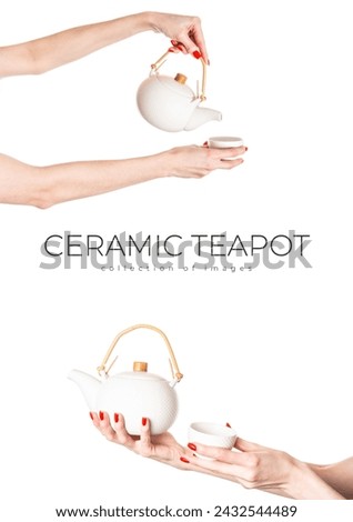Ceramic teapot in female hand isolated on white background. White teapot. High quality photo