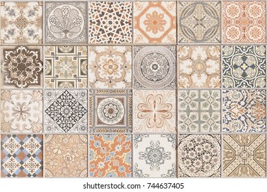 Ceramic Tile Pattern Elegant Vintage And Tuscany Flowers. Beautiful Colored Background For Design And Fashion With Decorative Elements. Ornate Floral Decor For Wallpaper. Tuscany Or Italian Style