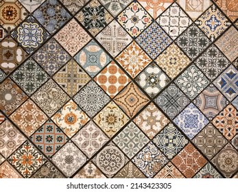 Ceramic tile texture background in oriental style. Selective focus. High quality photo