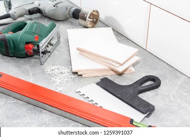 Ceramic Tiles And Tools For Tiler, Tiles Installation. Home Improvement, Renovation - Ceramic Tile Floor Adhesive, Mortar, Level