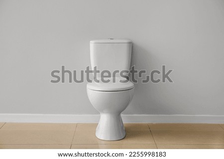 Ceramic toilet bowl near grey wall