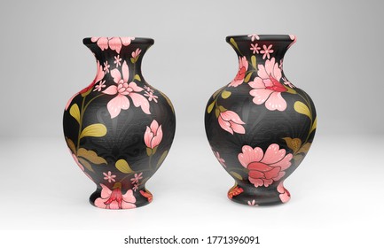 Ceramic vase 3D illustration. black ceramic vase with flowers paint on texture .